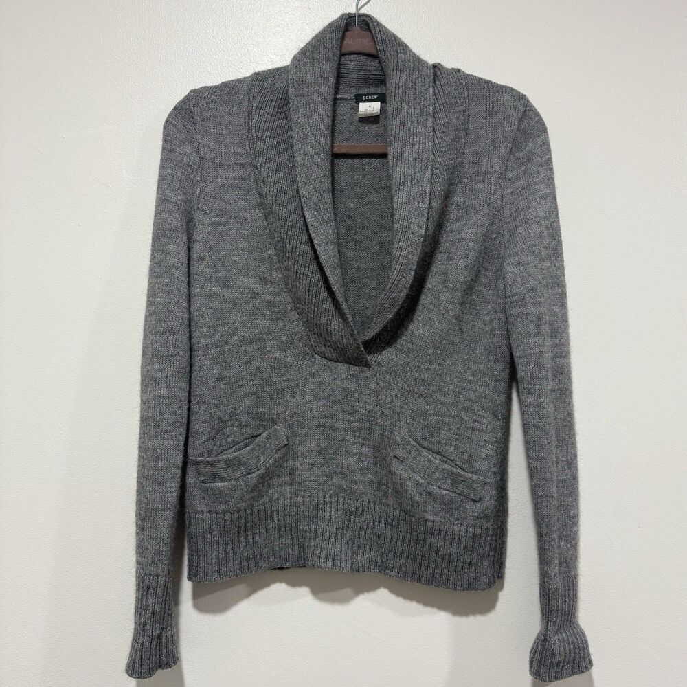 J.Crew Shawl Neck Sweater Gray Women Medium Merino Wool Alpaca Preppy Academia